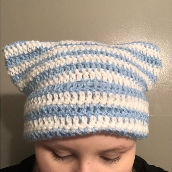 Light Blue and White Crochet Cat Ear Beanie - Picture 4 of 4